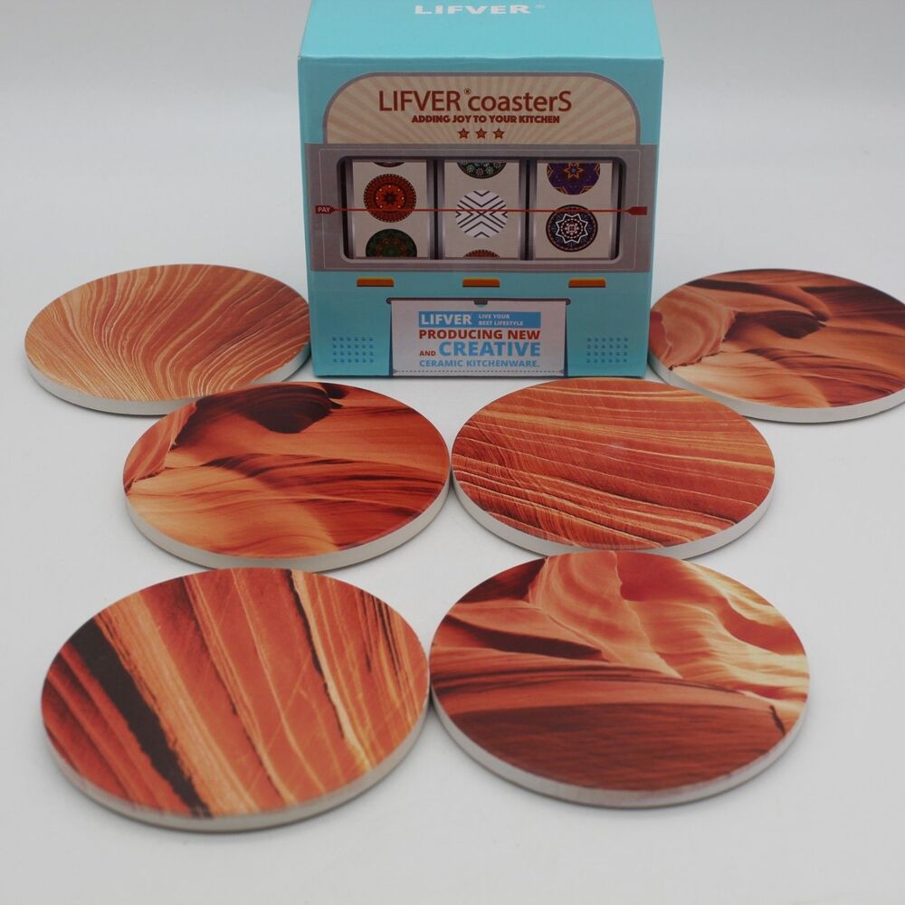 Absorbent Drink Ceramic Coasters Set of 6 w/Cork Back Varying Patterns
